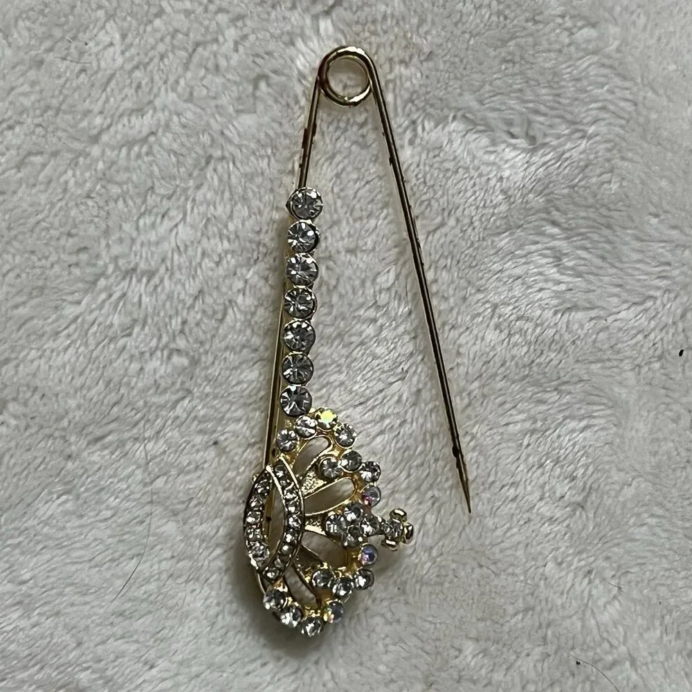 Gold Tone Princess Crown Safety Pin Brooch- Multi-colored Rhinestones